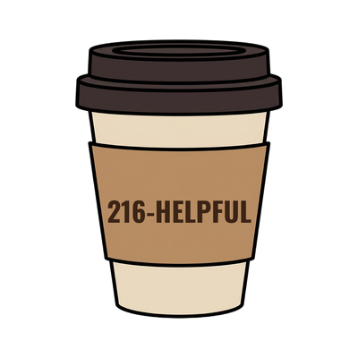 216-HELPFUL on a coffee cup