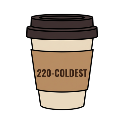 220-COLDEST on a coffee cup