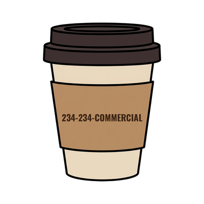 234-234-COMMERCIAL on a coffee cup