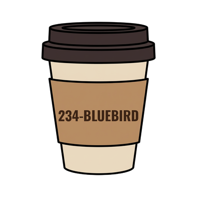 234-BLUEBIRD on a coffee cup