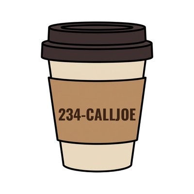 234-CALLJOE on a coffee cup