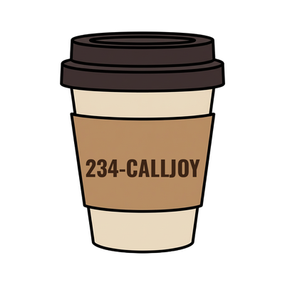 234-CALLJOY on a coffee cup