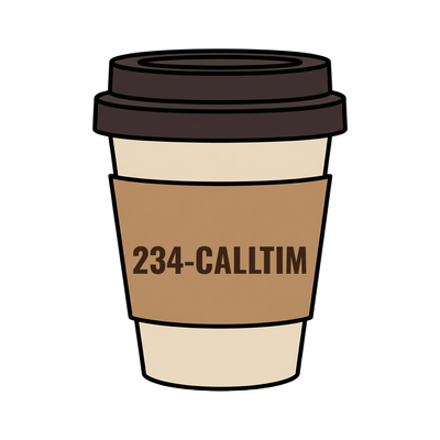 234-CALLTIM on a coffee cup