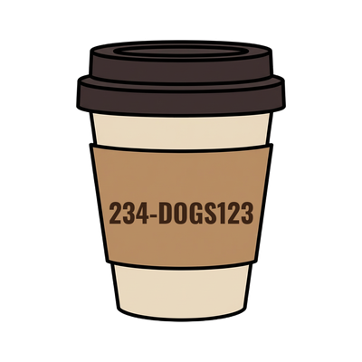 234-DOGS123 on a coffee cup