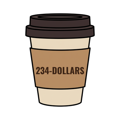 234-DOLLARS on a coffee cup