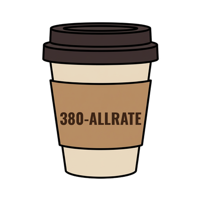 380-ALLRATE on a coffee cup