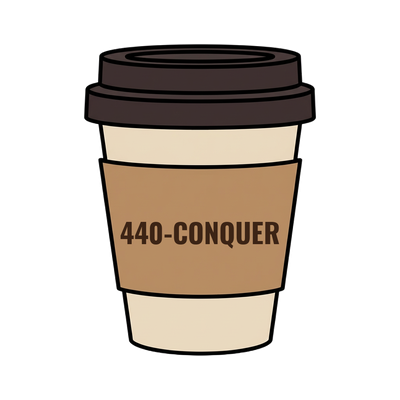 440-CONQUER on a coffee cup