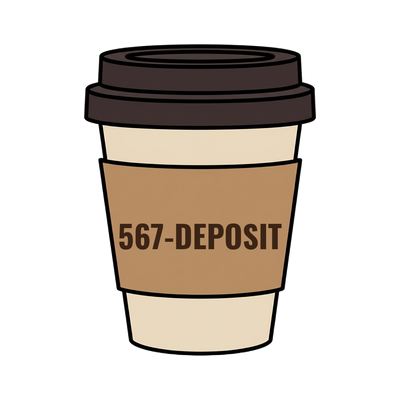 567-DEPOSIT on a coffee cup