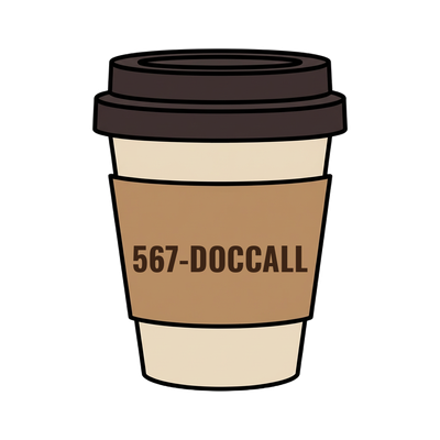 567-DOCCALL on a coffee cup