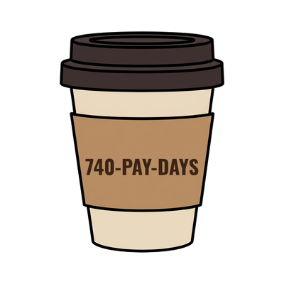 740-PAY-DAYS on a coffee cup